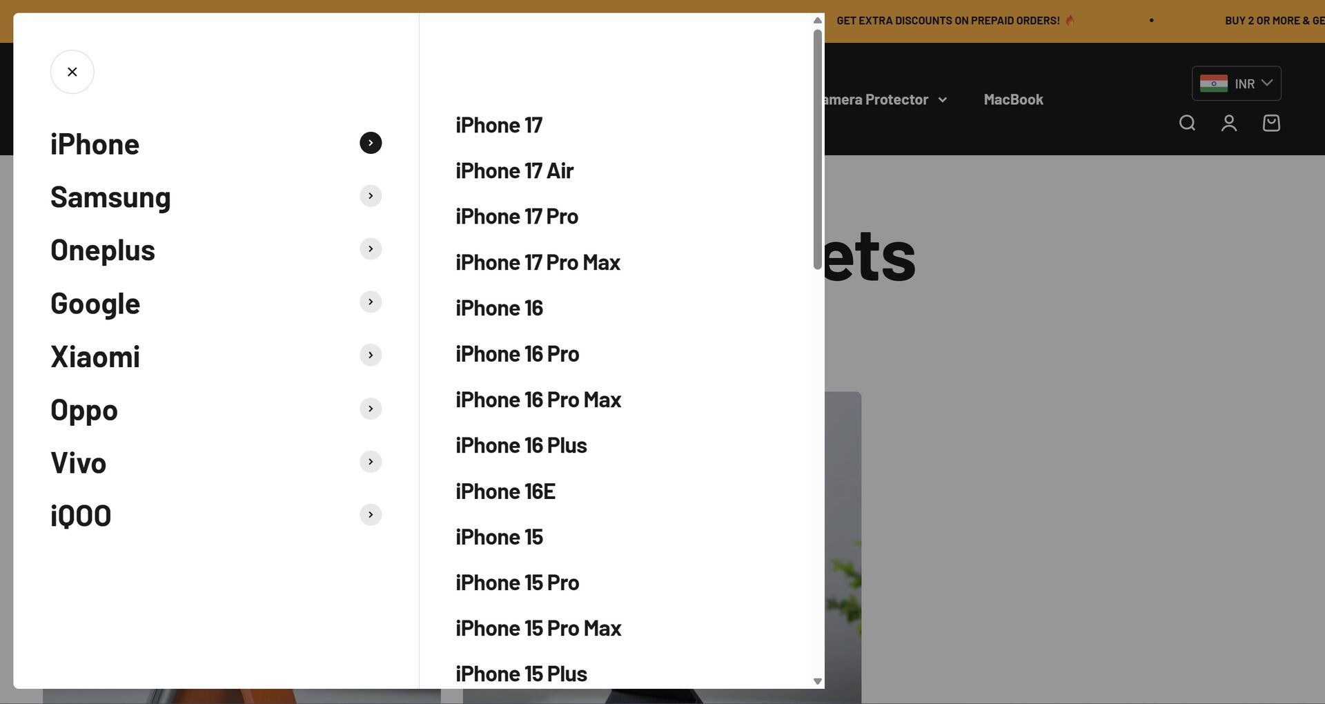 11zeros device model selector, showing the full range of supported phones
