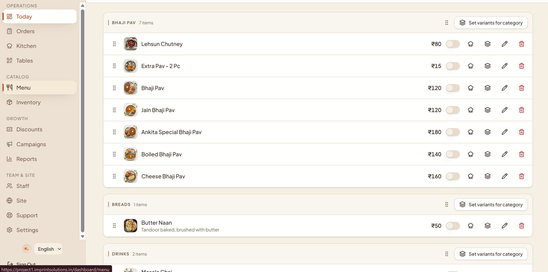 PalateFlow owner dashboard, menu management for a real restaurant