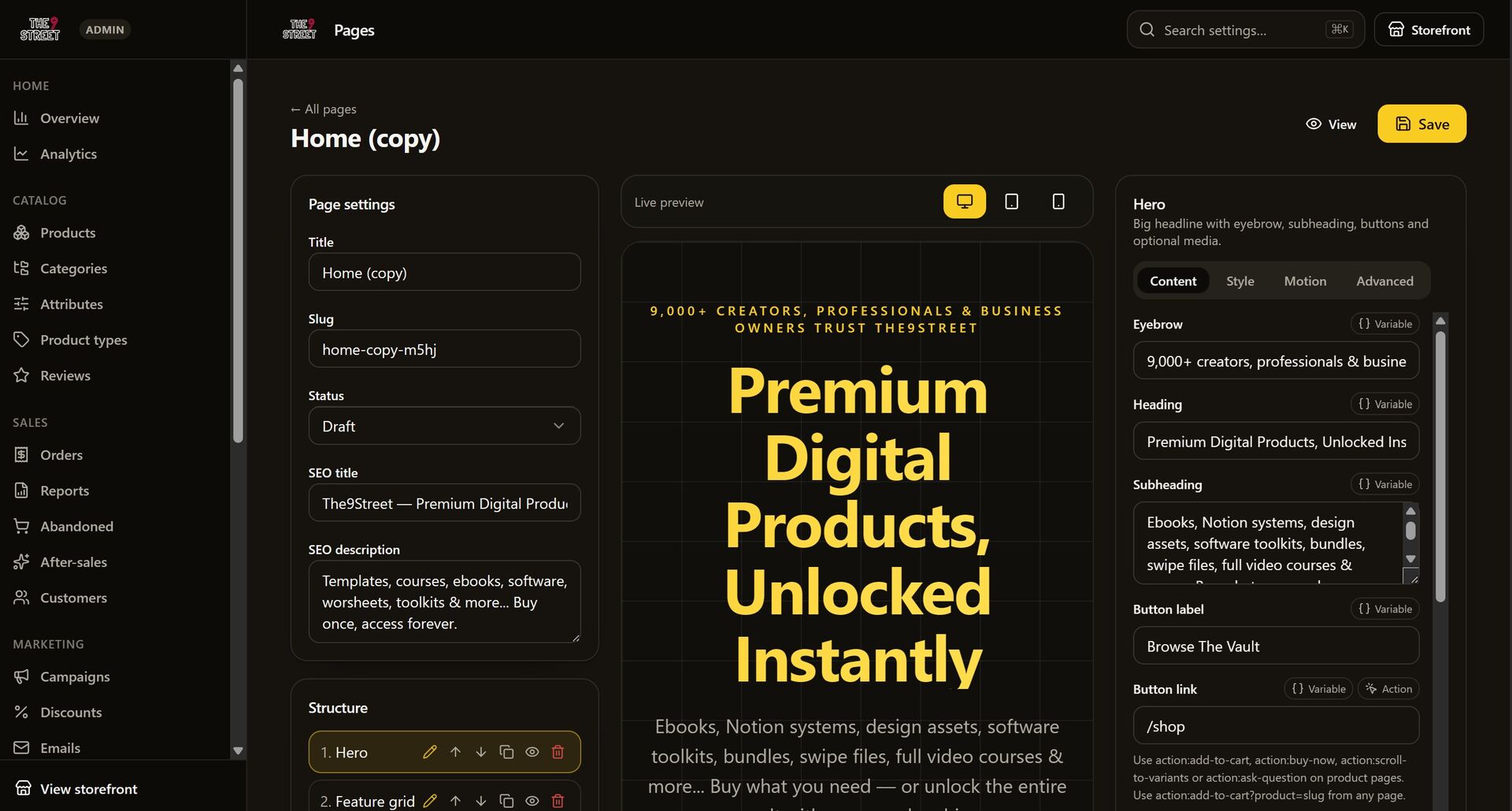 the9street.com own admin block editor, live preview and content inspector