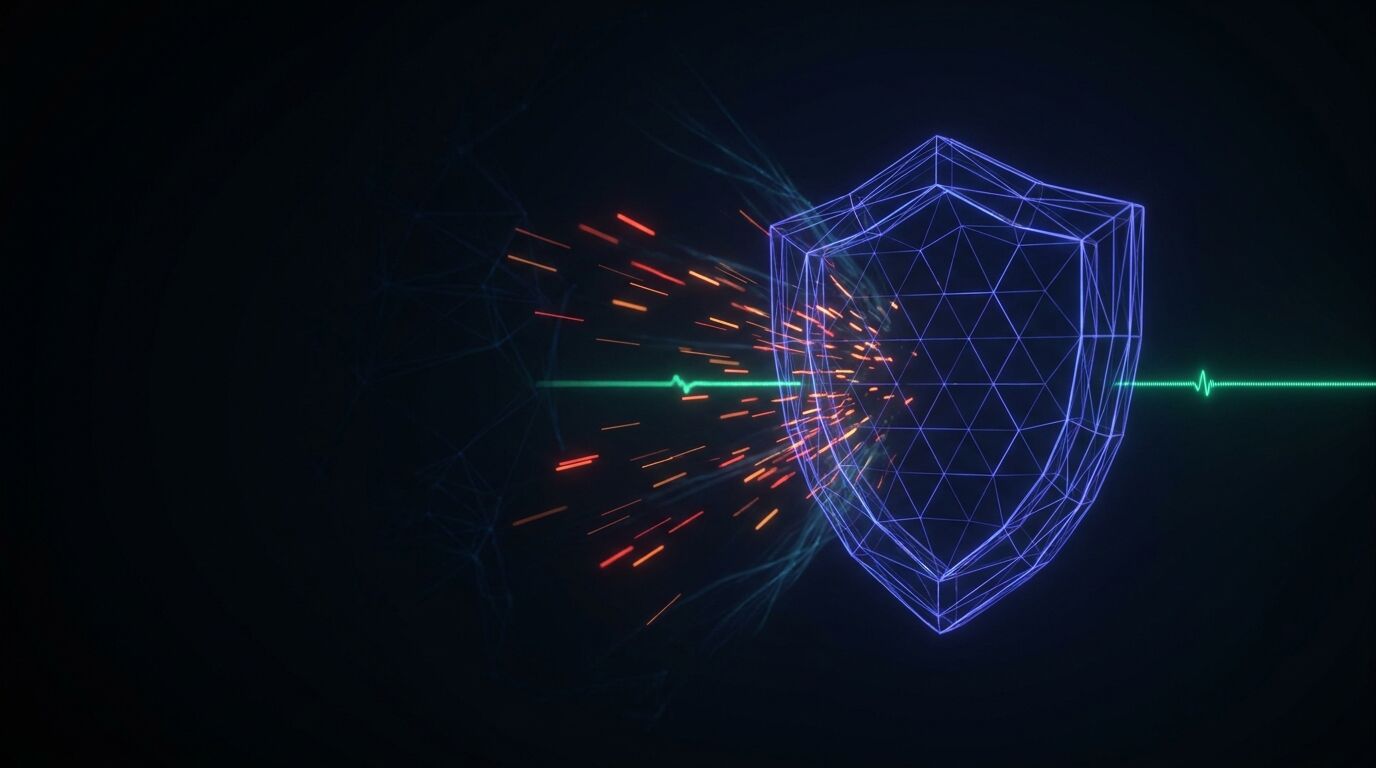 Abstract render of a shield deflecting an incoming traffic surge