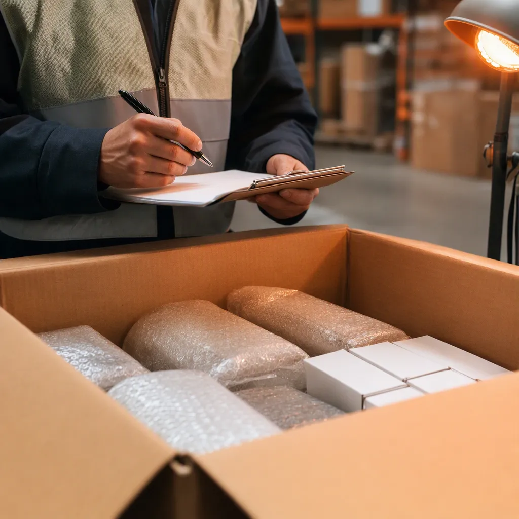 A quality-control check on freshly packed cartons at a supplier warehouse, clipboard in hand.