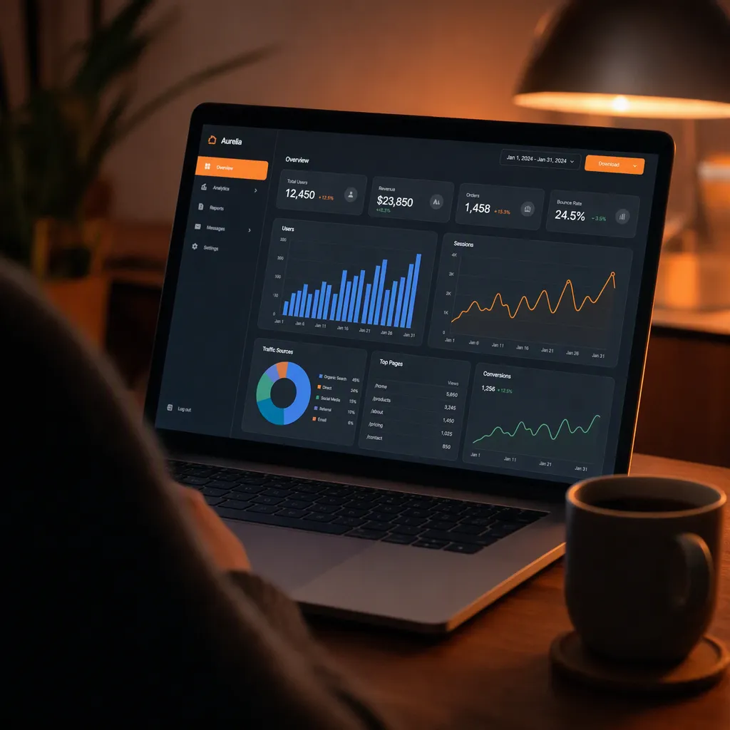 A performance-marketing dashboard full of campaign charts open on a laptop, a coffee beside it.