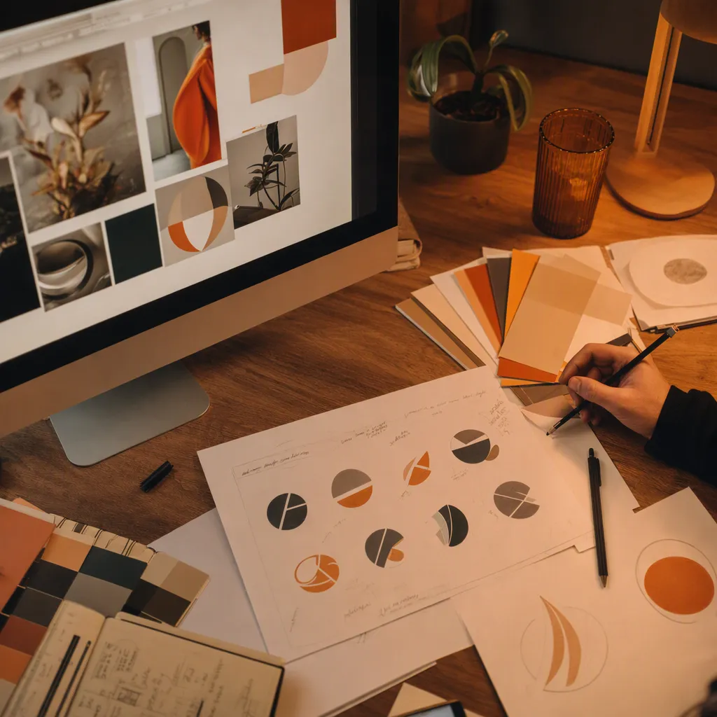 A designer's desk covered in printed logo proofs and color swatch cards next to a monitor.