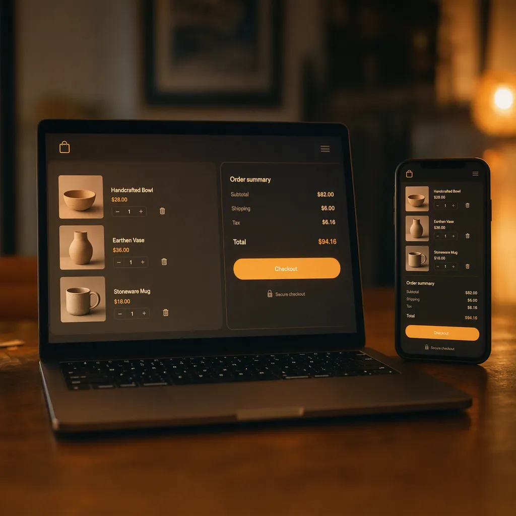 A checkout flow shown side by side on a laptop and a phone on the same desk.