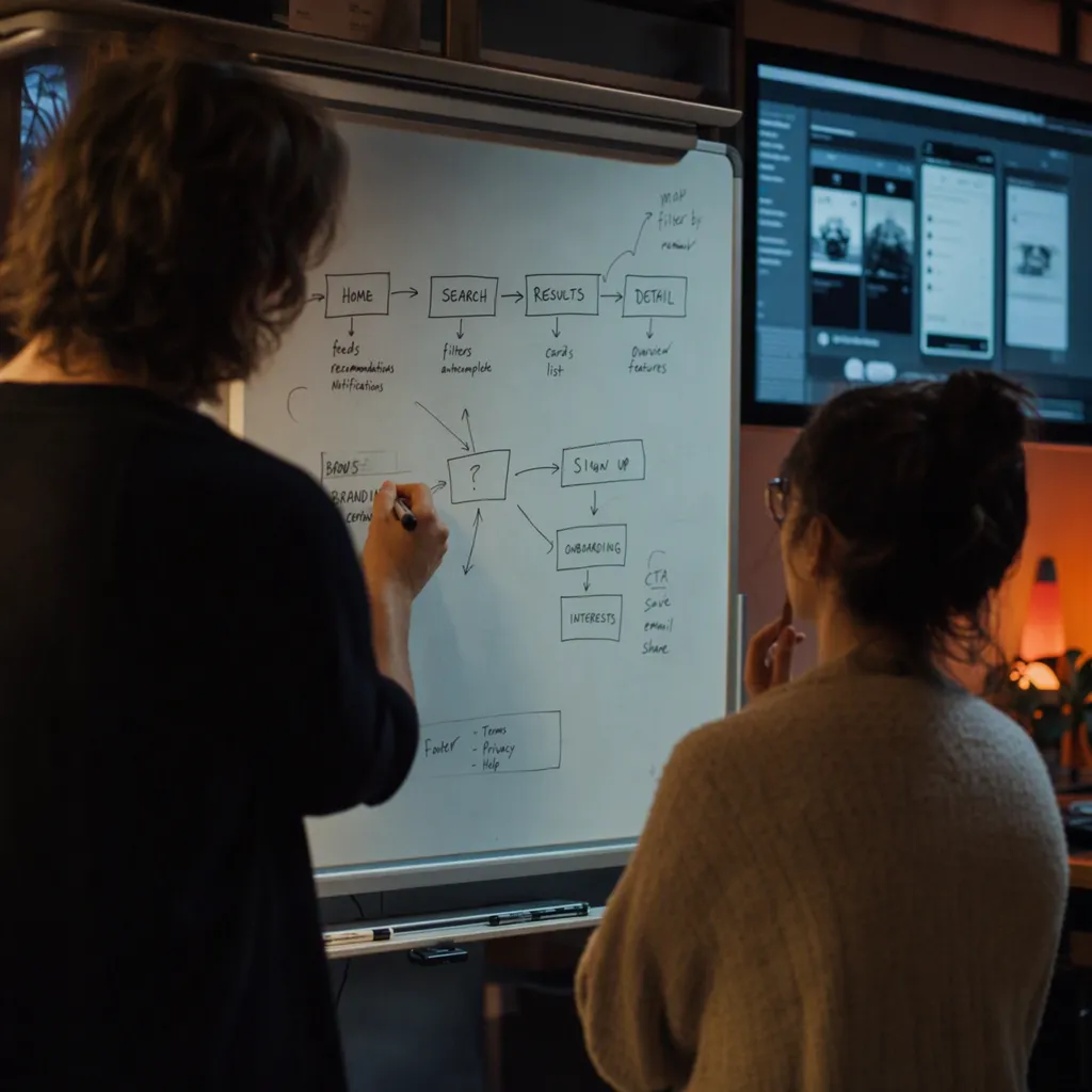 Two people at a whiteboard sketching a product flow, a code editor open on the monitor behind them.