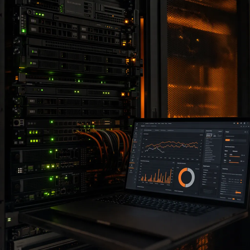 A close-up of a server rack with status lights, a laptop open to a monitoring dashboard nearby.