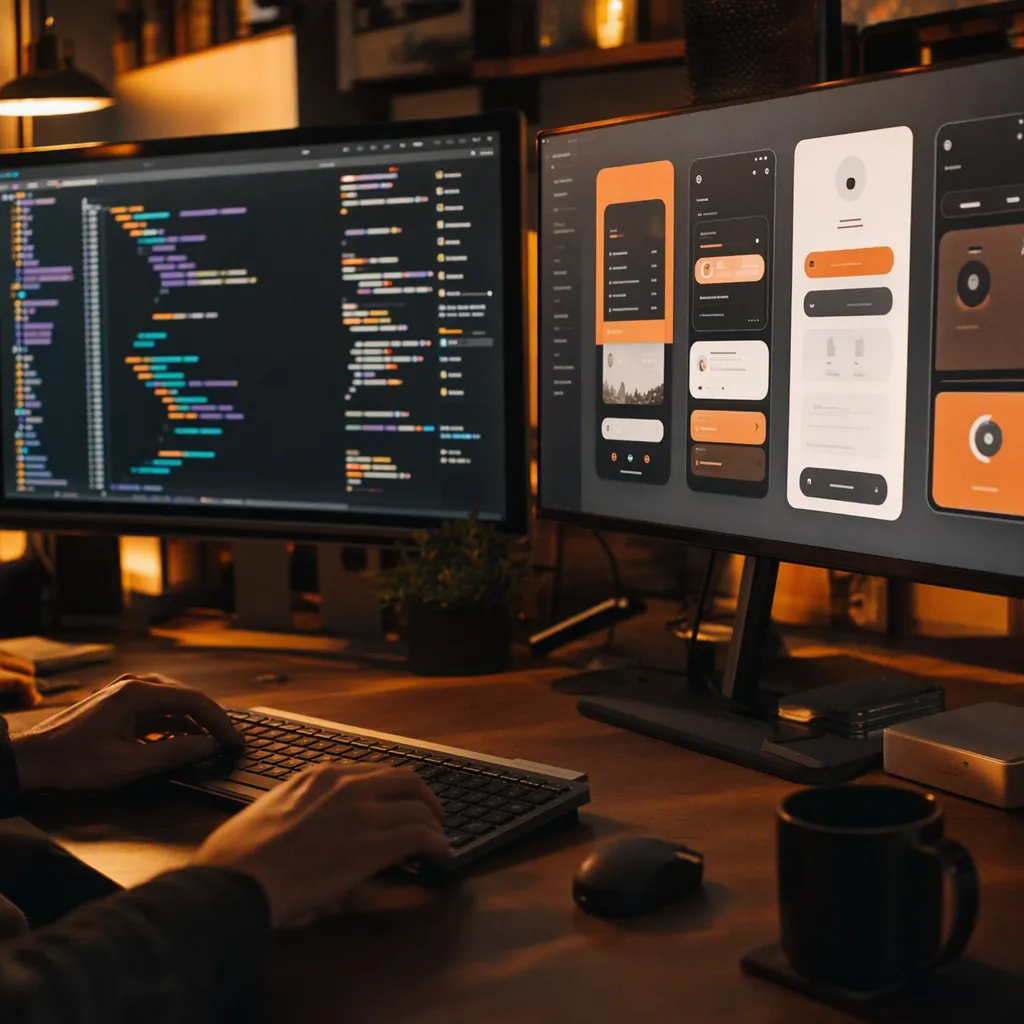 A developer's desk with two monitors, one showing code and the other a mobile app preview.