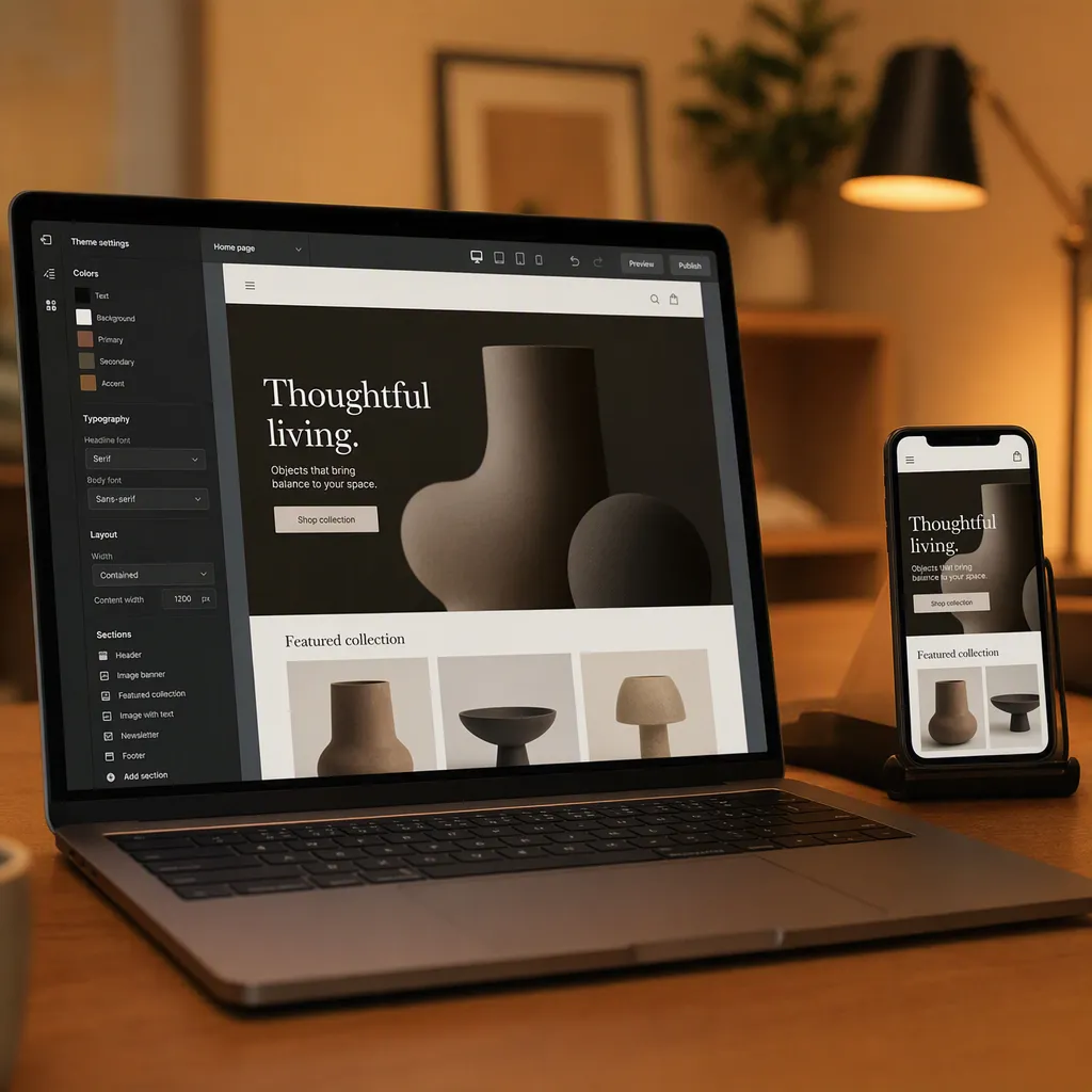 A laptop open to a Shopify theme editor next to a phone showing the live storefront.