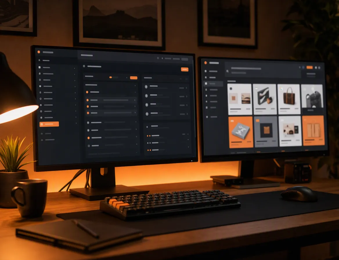 A single working desk with two monitors — one open to a code editor, the other to a live marketing dashboard — natural office light, no staging.