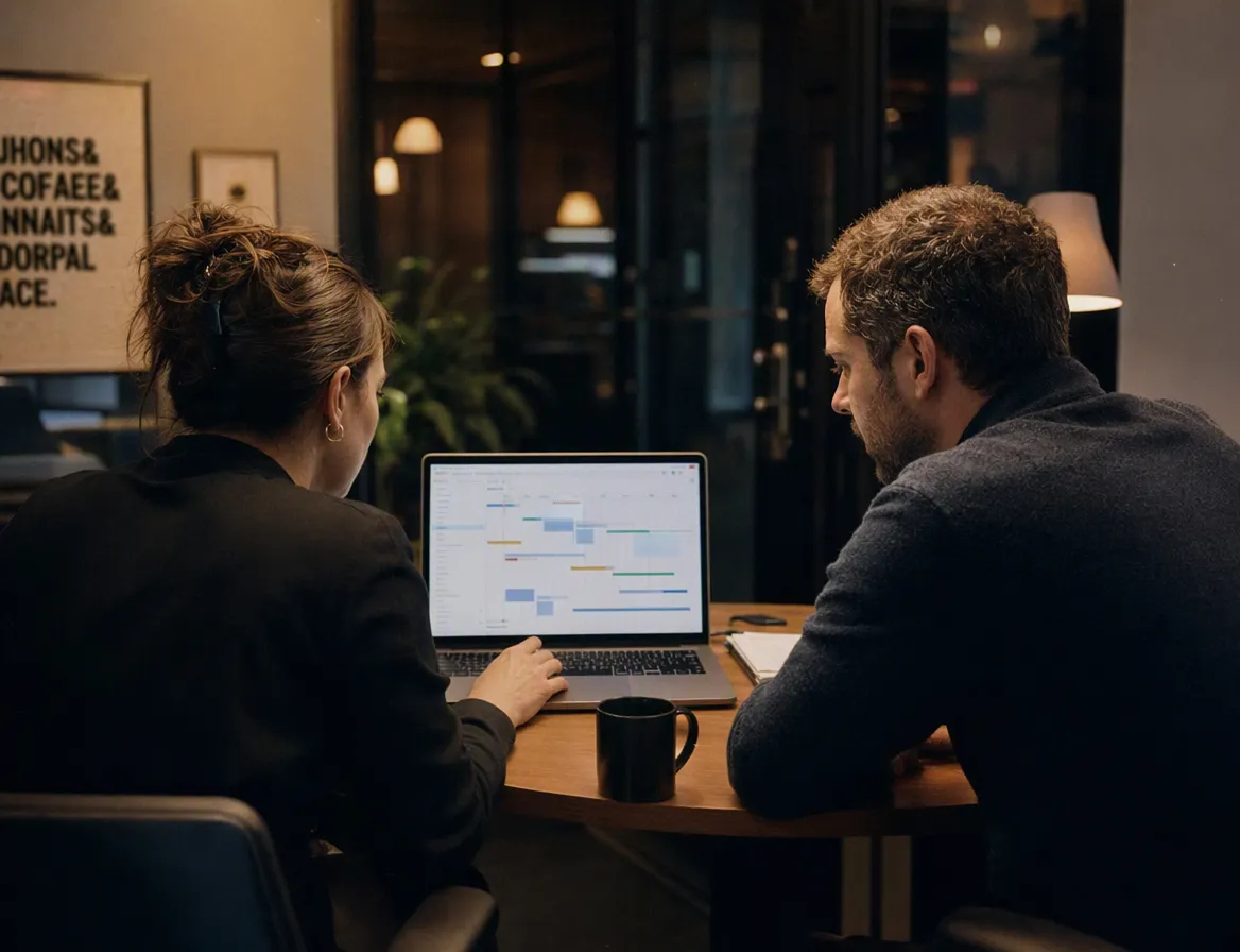 Two people at a small office table looking at a shared monitor, discussing a project timeline, informal setting.