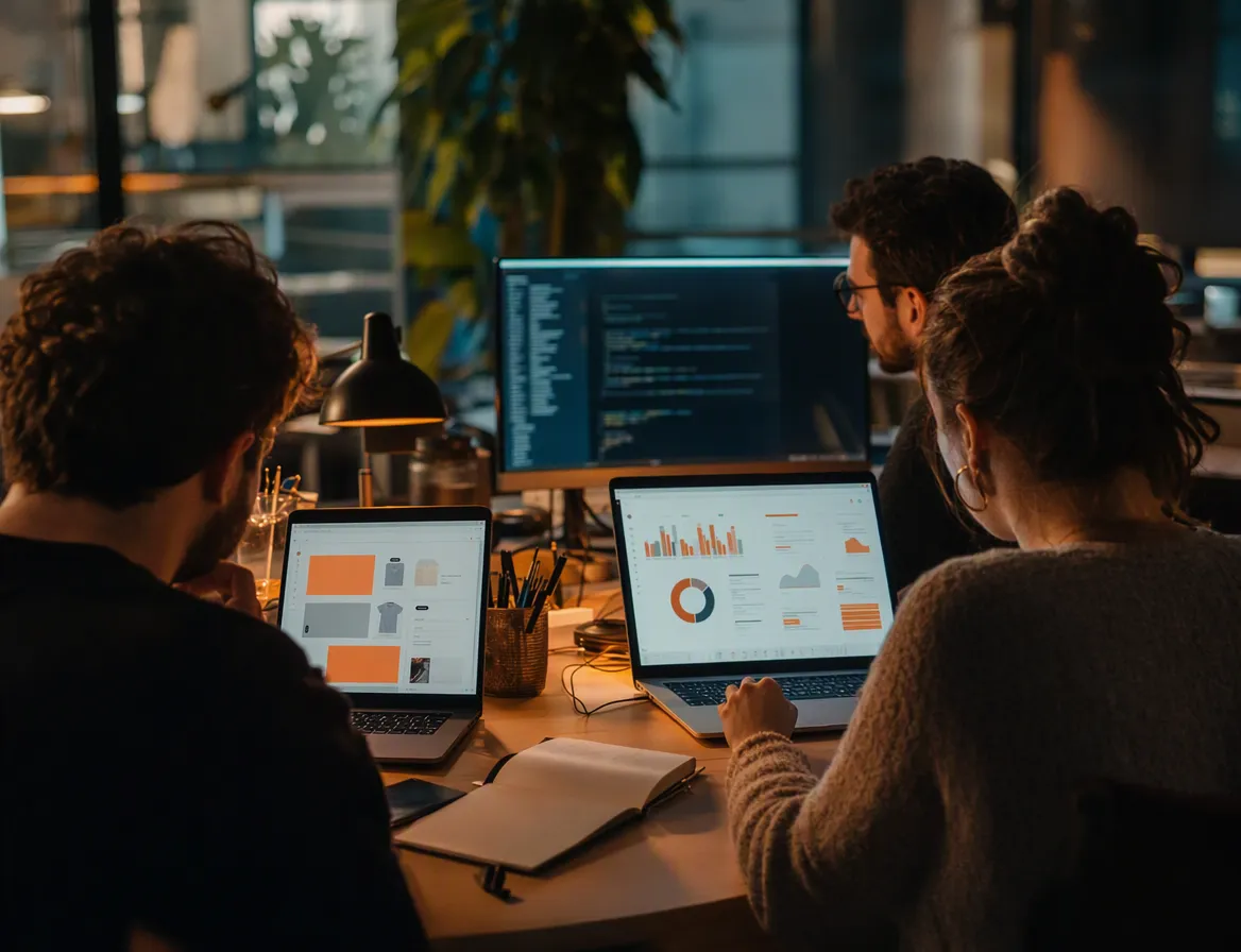 A small in-house team working side by side at a shared desk setup, laptops open to a live storefront build, an ad-performance dashboard, and a server terminal window, mid-project.