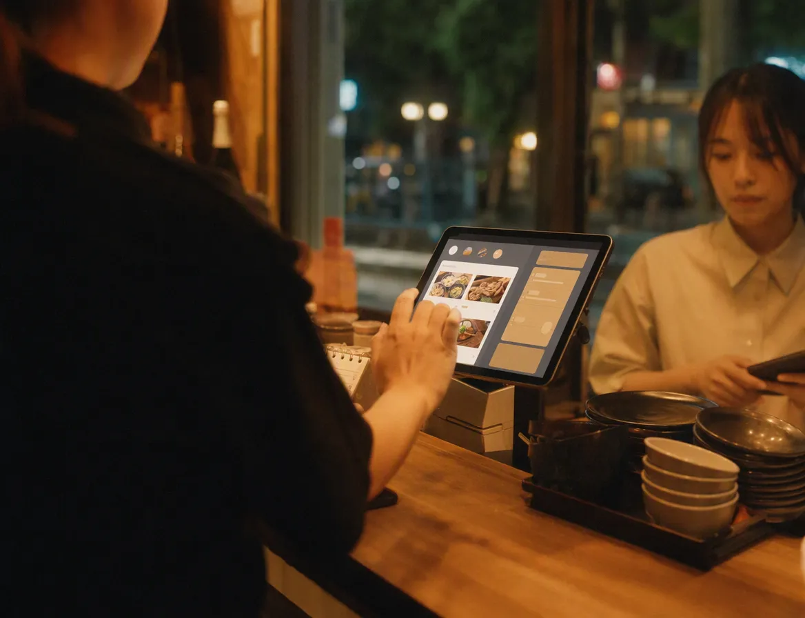 A restaurant counter tablet showing the PalateFlow order queue live, with a staff member glancing at an incoming order.