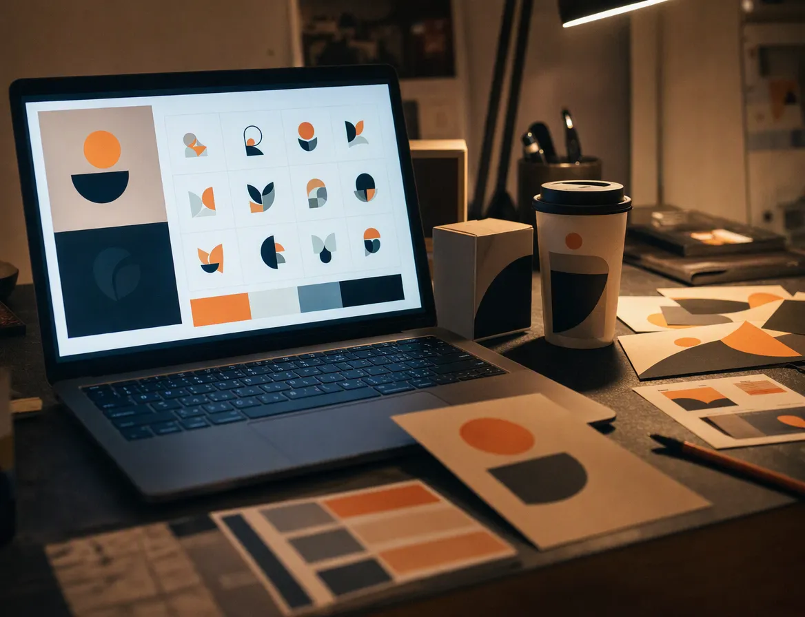 A desk with a laptop showing an abstract logo and identity-system layout — a grid of mark variations, no legible text — next to printed packaging mockups and color swatch cards.