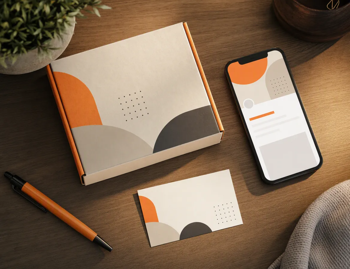 A flat-lay photo of a shipping box mockup, a business card, and a phone showing a storefront header, all sharing the same abstract visual identity elements, no legible brand name.