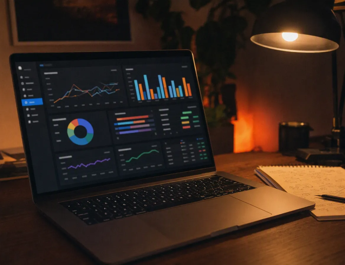 A laptop screen showing an abstract ad-performance dashboard with cost and conversion charts, no legible numbers, a notepad with handwritten scribbles beside it, dim desk light.