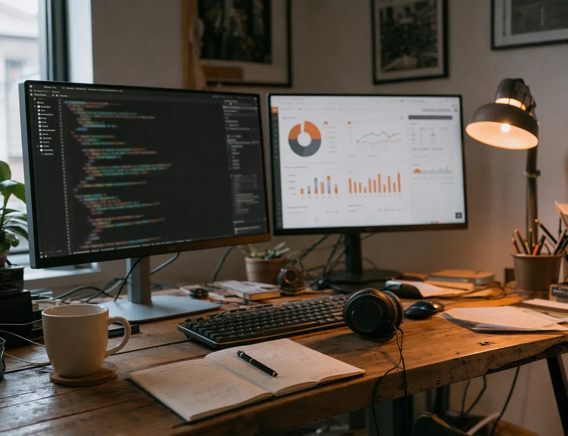 Two monitors side by side, one showing an abstract campaign-manager interface, the other a website analytics graph, dim room, warm desk light.