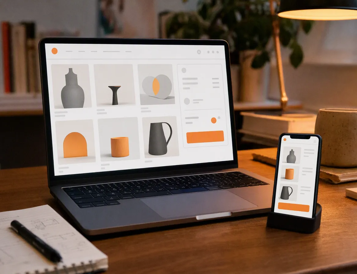 A laptop showing an abstract storefront checkout flow mid-load, a phone beside it showing the same store, desk with informal clutter, warm light.