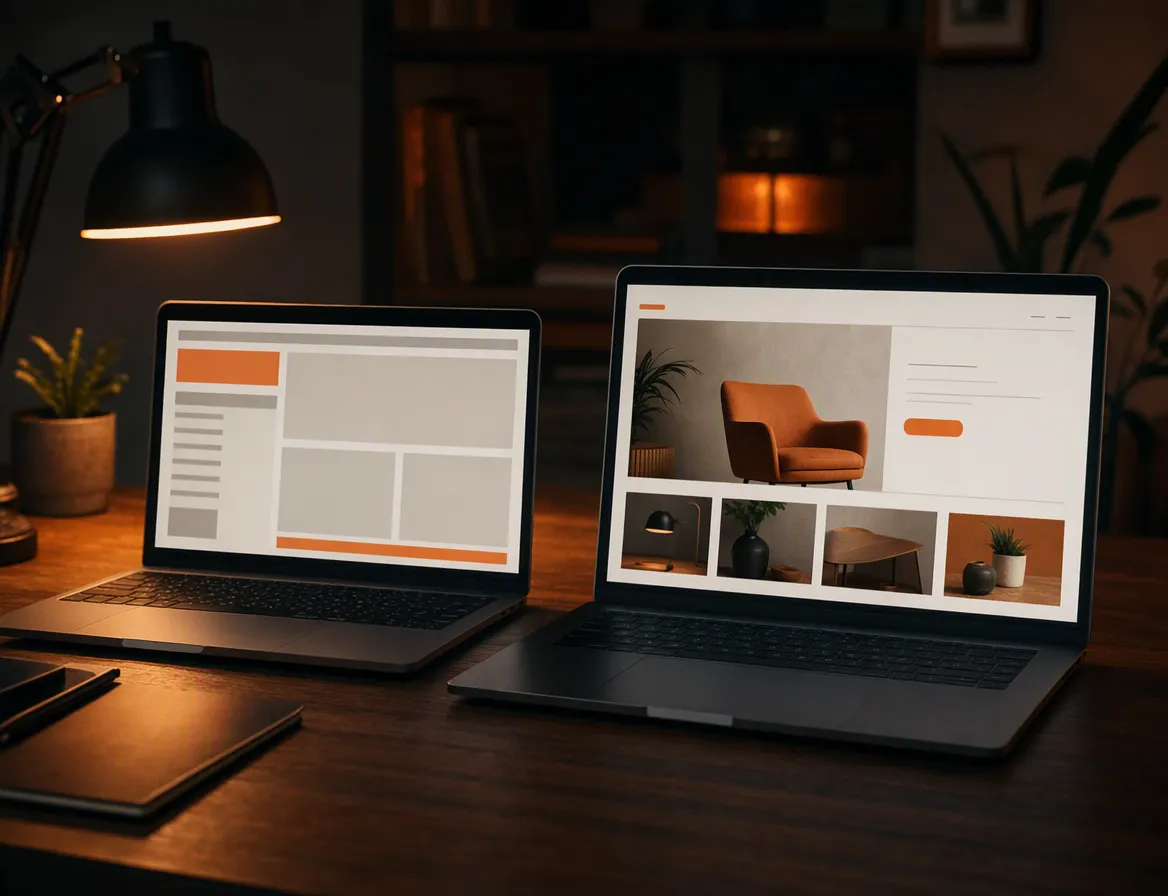 Two laptops side by side on a desk, one showing an abstract older storefront layout, the other an abstract redesigned layout, suggesting a before/after migration, warm desk light.