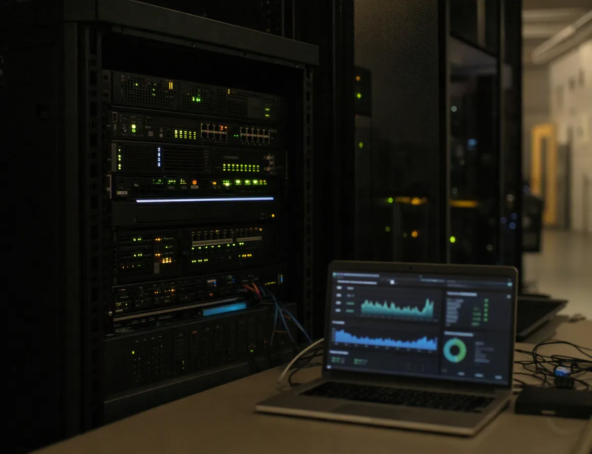 A server rack with status LEDs lit green and amber, a laptop open nearby showing an abstract uptime-monitoring dashboard, dim server-room lighting.