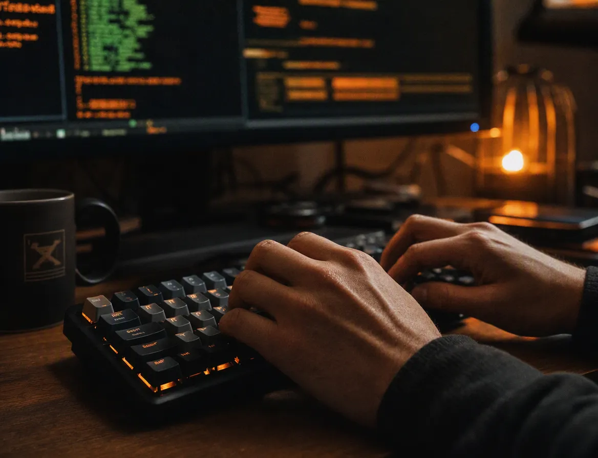 A close-up of hands typing on a keyboard with a terminal-style monitor glow in the dim background, monospace text blurred and unreadable.