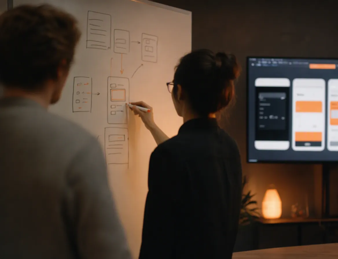 Two people at a whiteboard with a rough product-flow sketch, boxes and arrows, no legible text, a monitor behind them showing an abstract app-interface mockup.