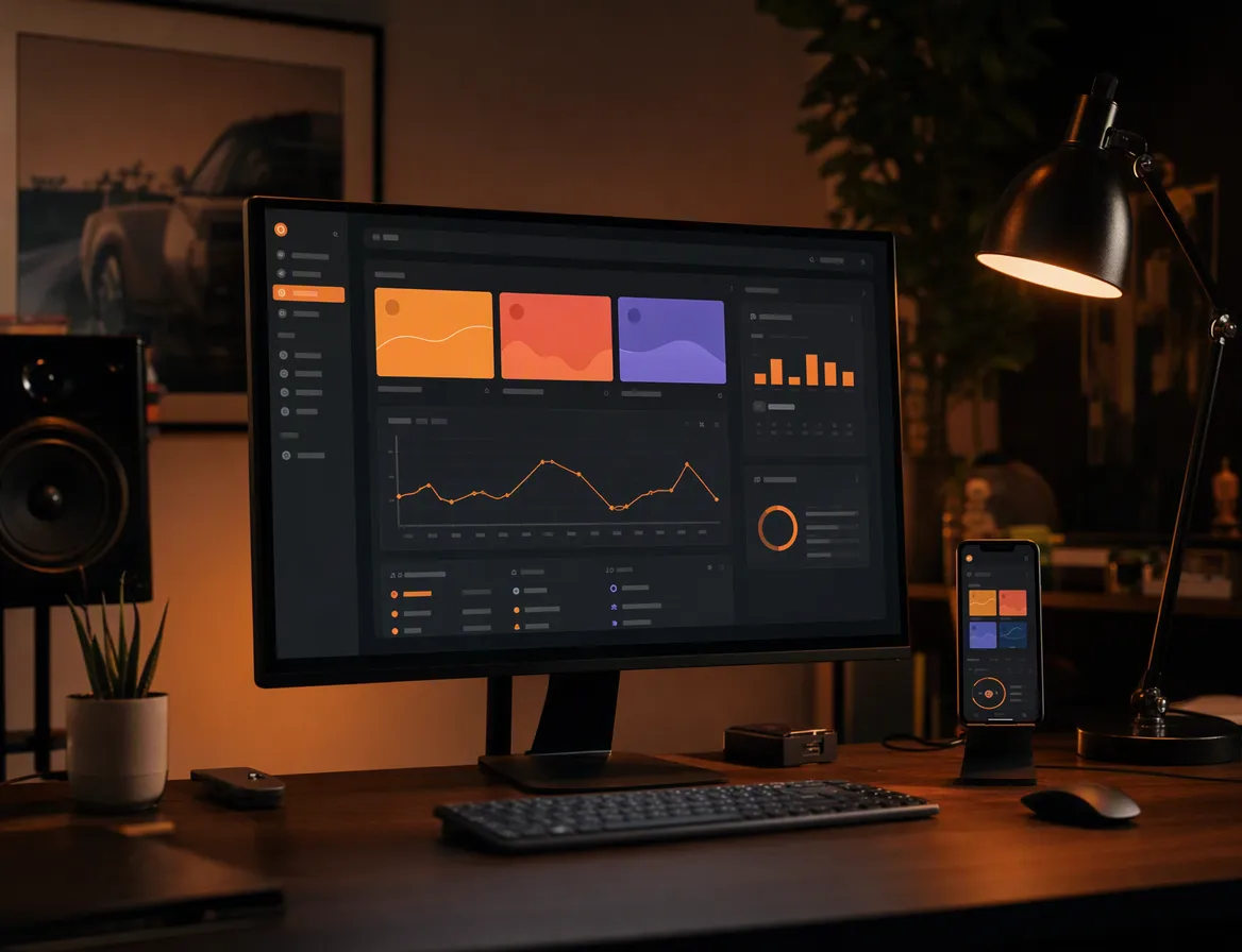 A developer's desk with a monitor showing an abstract product-dashboard UI, a phone beside it mirroring the same app, warm desk light.