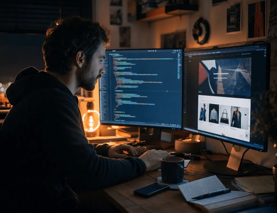 A developer at a two-monitor desk, one screen showing Shopify Liquid theme code and the other the live storefront, mid-edit, focused, informal desk clutter and a coffee cup nearby.