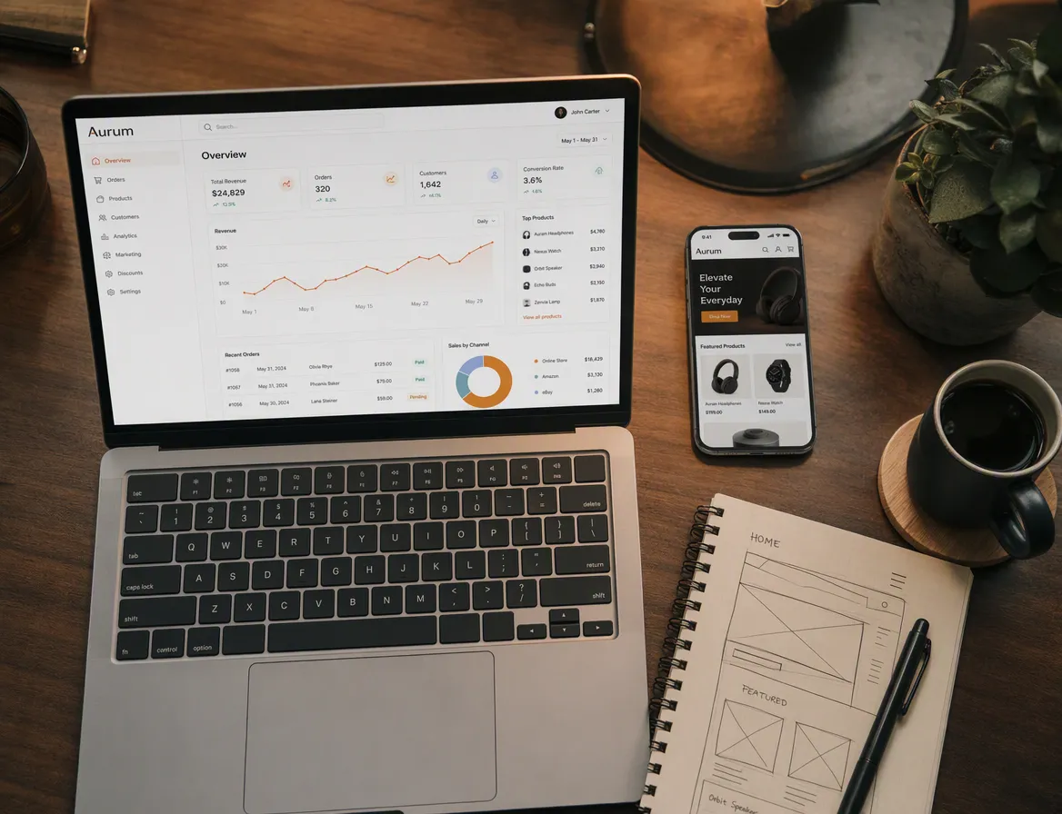 An overhead desk shot: a laptop showing a Shopify admin dashboard, a phone showing the same storefront in mobile preview, a notebook with a rough wireframe sketch, and a coffee cup, arranged naturally.