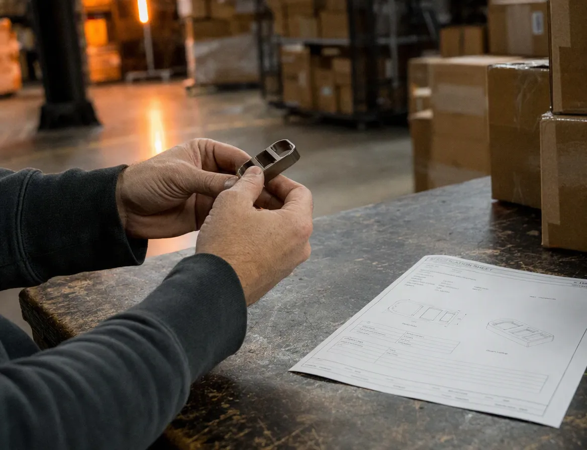 A person inspecting a product sample against a spec sheet on a factory-adjacent table, warehouse boxes in the background, industrial lighting.