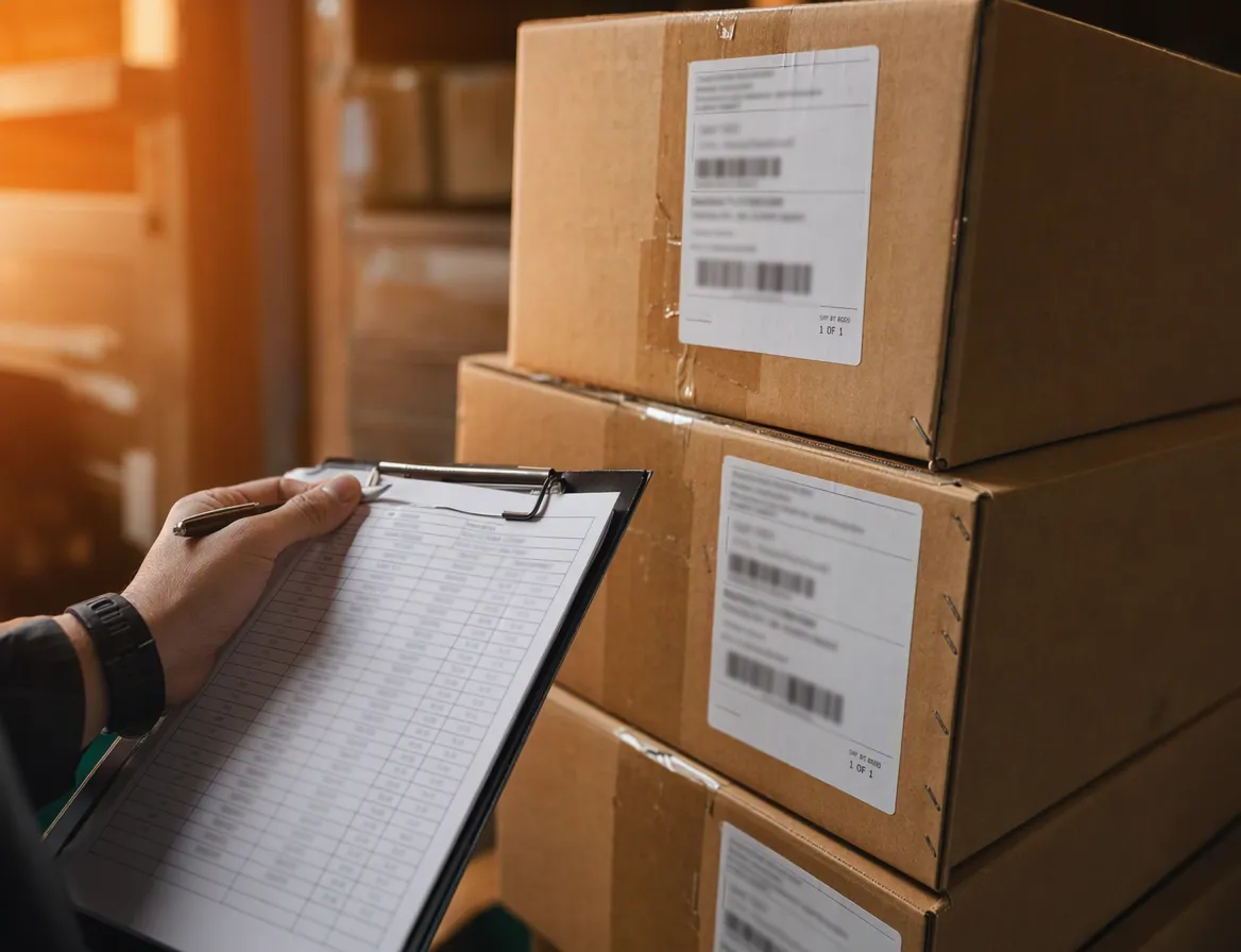Stacked shipping cartons with courier waybill labels, blurred and unreadable, being checked off against a clipboard, warm work-light accent.