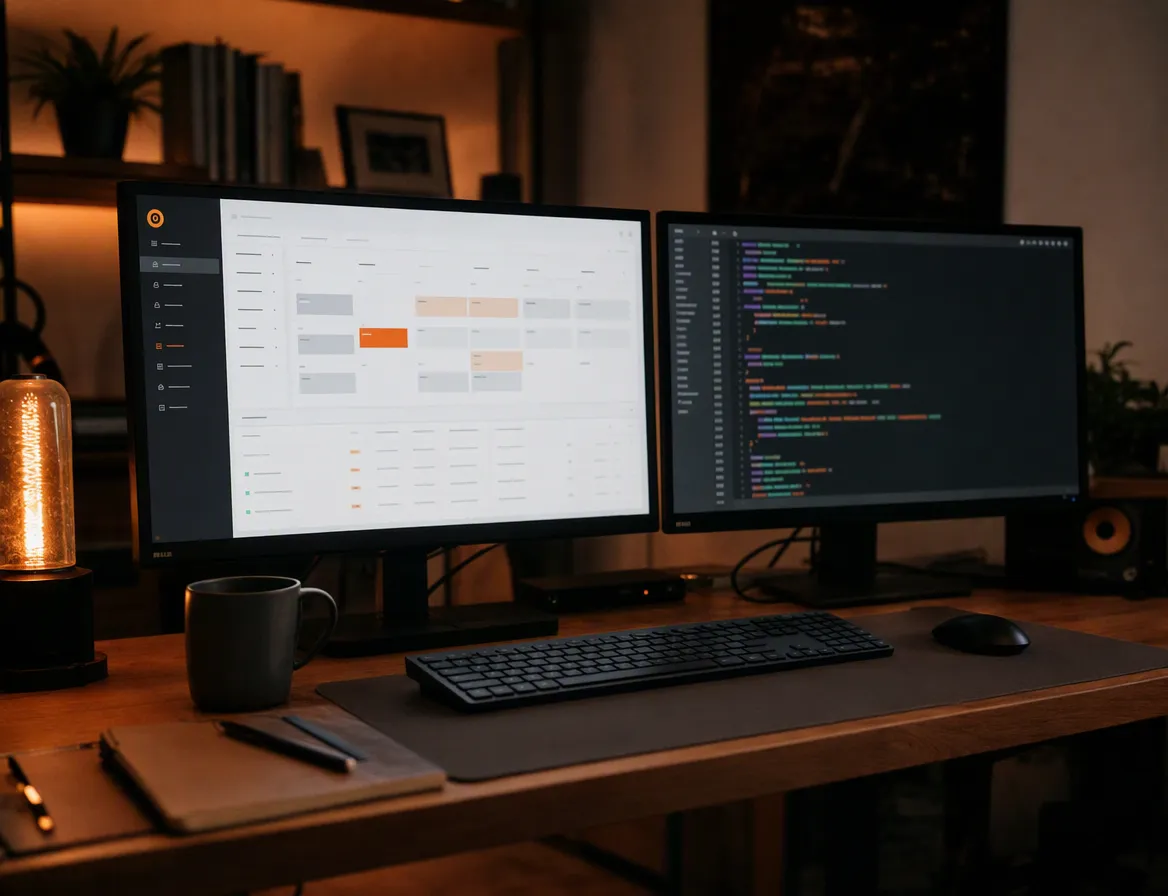 A developer's two-monitor desk, one screen showing an abstract booking or inventory app interface, the other showing colorful code-editor-style syntax highlighting, dim room.