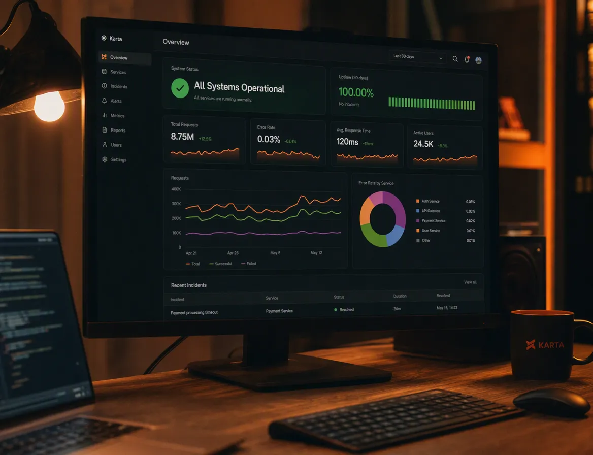 A monitor showing an abstract uptime and analytics dashboard with a green all-clear indicator shape, a laptop and coffee cup nearby, warm light.